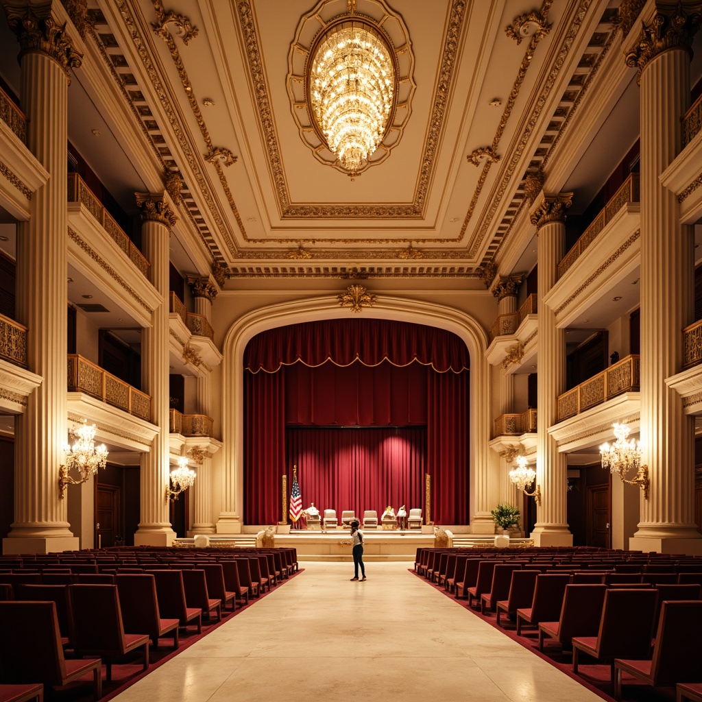 Prompt: \Elegant performing arts center, neoclassical architecture, grandiose columns, ornate details, rich wood tones, cream-colored marble floors, velvet red curtains, gilded accents, soft warm lighting, shallow depth of field, 1/2 composition, symmetrical framing, realistic textures, ambient occlusion, opulent chandeliers, intricate moldings, subtle gradations, luxurious fabrics, refined patterns, sophisticated ambiance.\