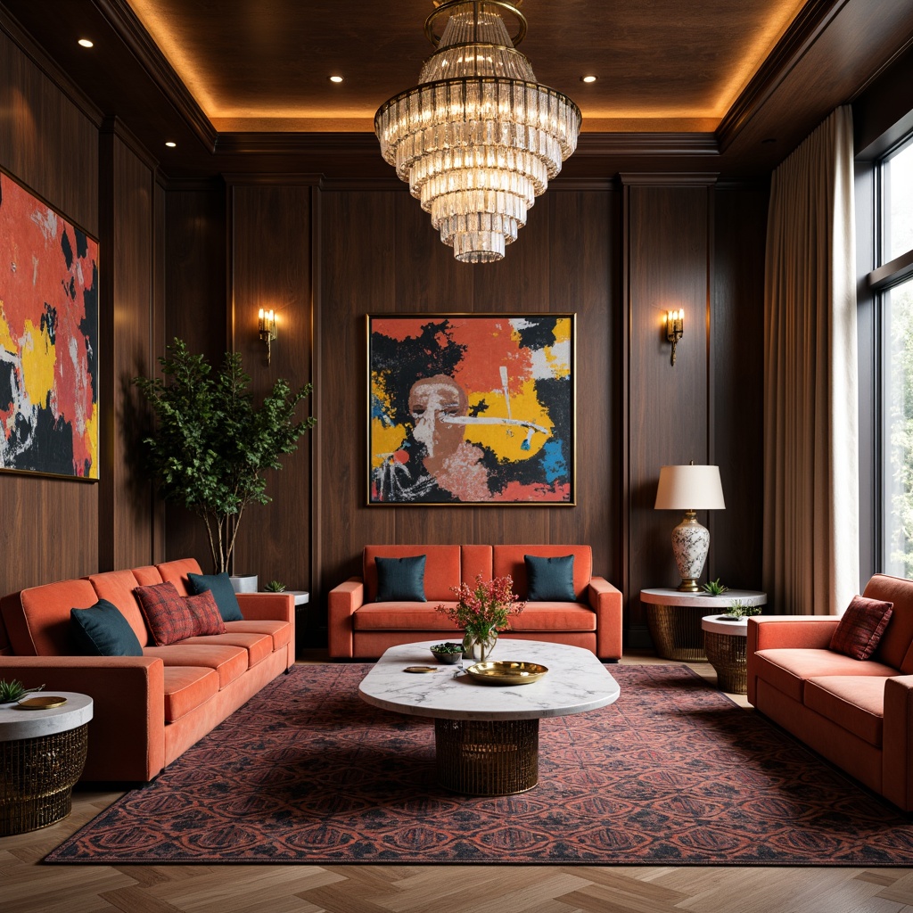 Prompt: Luxurious living room, velvet sofas, marble coffee tables, ornate metal frames, crystal chandeliers, geometric patterned rugs, rich wood paneling, bold colorful artwork, metallic accents, lavish curtains, sophisticated furniture shapes, high-gloss finishes, subtle lighting, 1/2 composition, shallow depth of field, warm intimate ambiance.