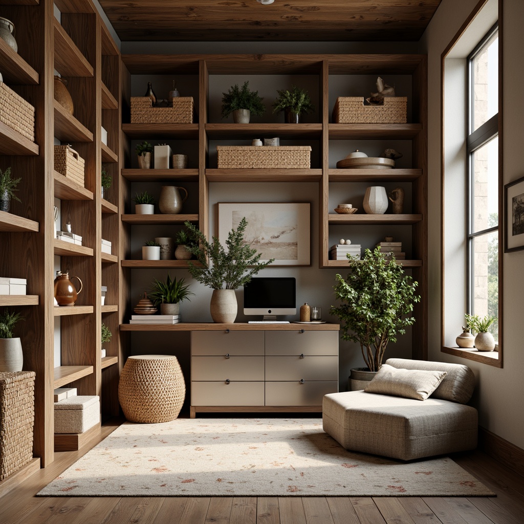 Prompt: Cozy storage room, soft warm lighting, rustic wood shelves, woven baskets, metallic cabinets, modern minimalist decor, clean lines, clutter-free space, ample storage units, multi-functional furniture, adjustable shelving systems, compact storage ottomans, hidden compartments, ergonomic design, durable materials, earthy color palette, natural textiles, subtle patterns, 1/1 composition, shallow depth of field, realistic textures.