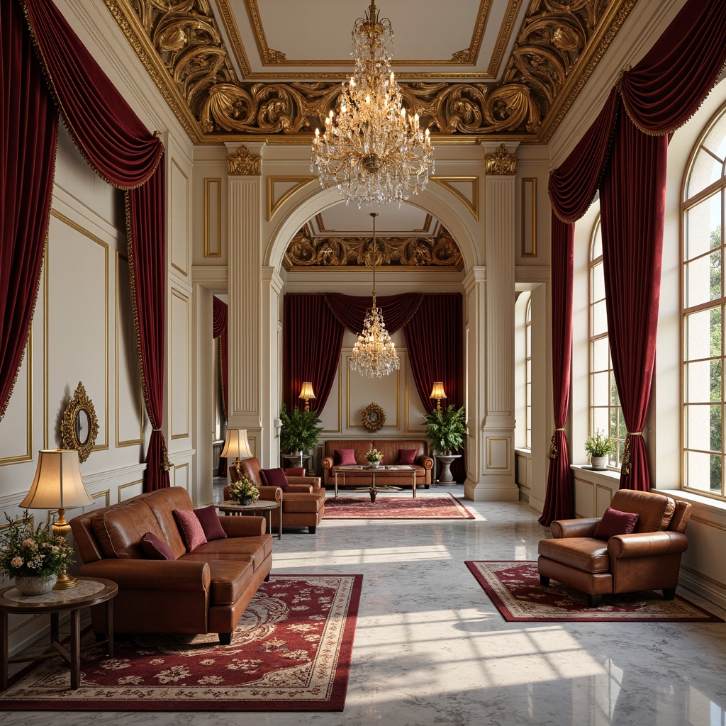 Prompt: Richly ornamented classic interior, luxurious velvet fabrics, intricately carved wooden paneling, polished marble floors, ornate gold leaf details, crystal chandeliers, plush area rugs, tufted leather upholstery, distressed bronze hardware, creamy white walls, soft warm lighting, 1/2 composition, shallow depth of field, realistic textures.