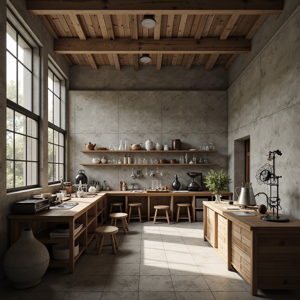 Prompt: Laboratory interior, classic architectural style, fiber-cement walls, rough-textured surfaces, neutral color palette, industrial chic ambiance, metal laboratory equipment, wooden workbenches, glass beakers, scientific instruments, natural stone flooring, minimalist decor, soft overhead lighting, subtle shadows, 1/1 composition, realistic render.