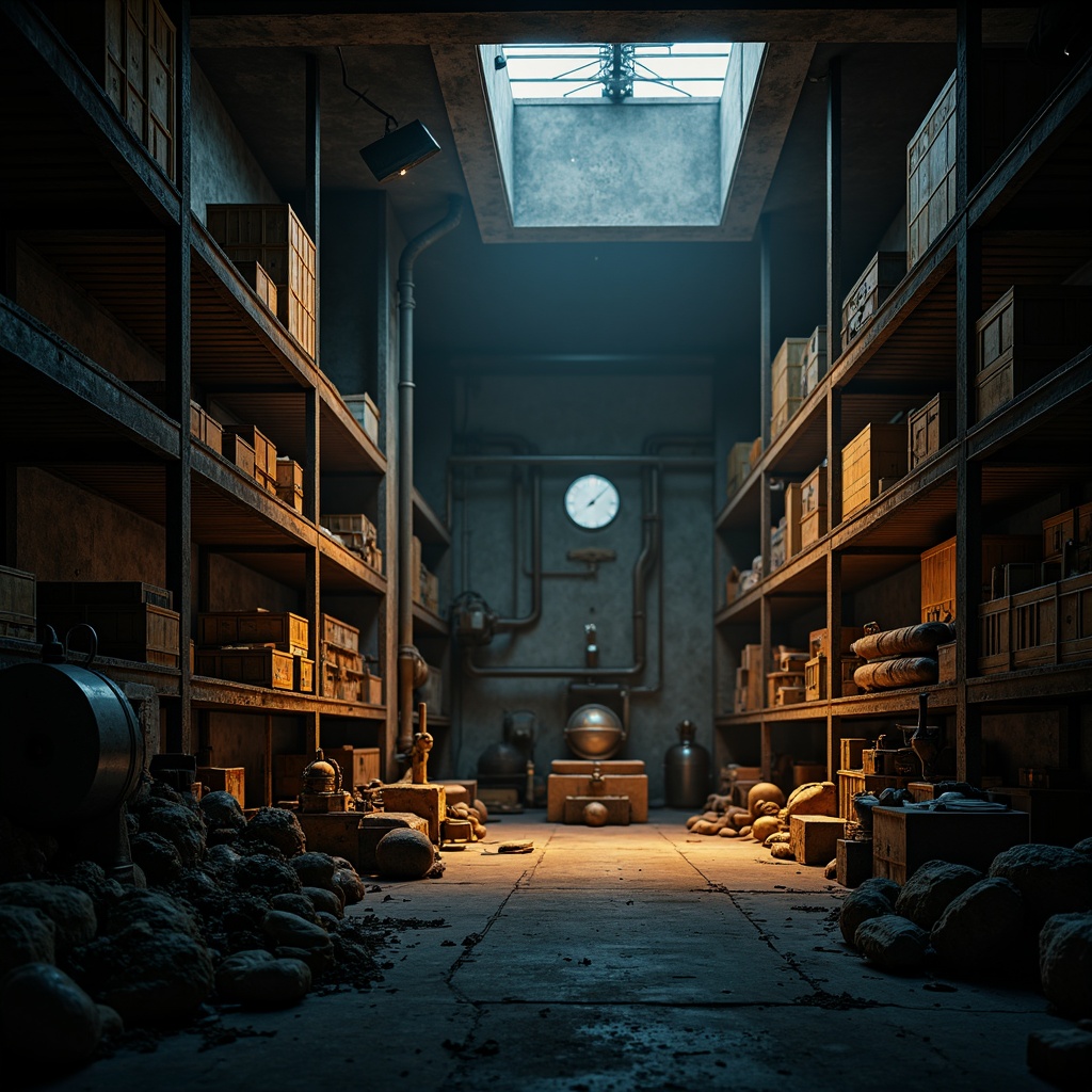 Prompt: Dimly lit storage room, eerie atmosphere, dramatic shadows, warm golden lighting, industrial metal racks, old wooden crates, mysterious artifacts, dusty vintage objects, abandoned machinery, intricate pipe networks, distressed concrete walls, cold blue undertones, high contrast ratios, selective focus, shallow depth of field, 1/2 composition, cinematic framing, ominous ambient sounds.