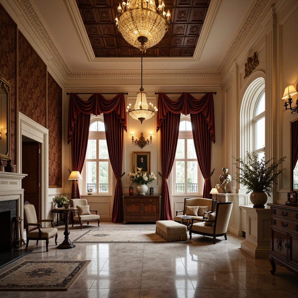 Prompt: Elegant mansion, ornate chandeliers, rich velvet drapes, antique wooden furniture, carved mahogany panels, intricate patterns, soft warm lighting, luxurious fabrics, neoclassical architecture, grand staircase, high ceilings, marble flooring, symmetrical layout, ornamental moldings, vintage decorative accessories, subtle earthy tones, soft beige walls, classic column designs, subtle arches, sophisticated ambiance, harmonious proportions.