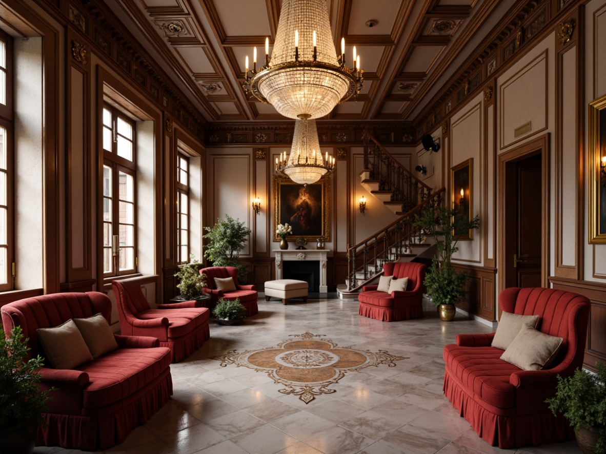 Prompt: Elegant mansion, ornate furnishings, rich velvet fabrics, carved wooden accents, gilded frames, crystal chandeliers, luxurious upholstery, neoclassical architecture, grand staircase, marble floors, intricate moldings, soft warm lighting, shallow depth of field, 1/1 composition, realistic textures, ambient occlusion.