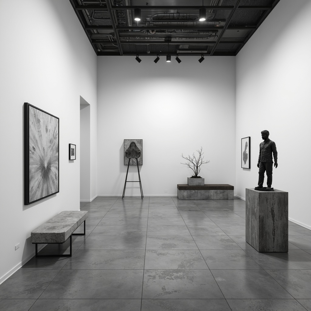 Prompt: Monochromatic gallery space, polished concrete floors, white walls, minimalist art pieces, abstract sculptures, industrial metal accents, reclaimed wood textures, natural stone pedestals, matte black frames, spot lighting, subtle shadows, soft focus, shallow depth of field, 1/1 composition, panoramic view, realistic reflections, ambient occlusion.