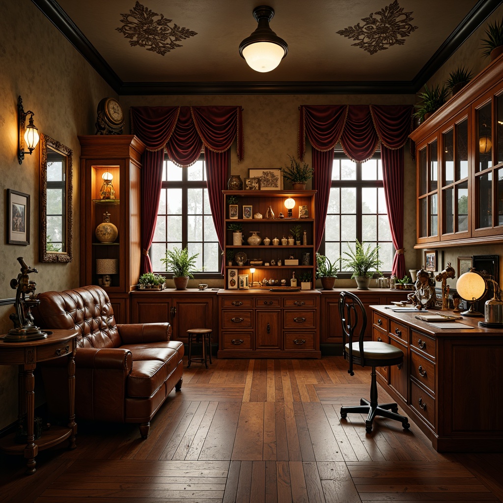 Prompt: Vintage laboratory furniture, rich wood tones, ornate metal details, distressed leather upholstery, antique scientific instruments, classic globes, vintage microscopes, elegant wooden workbenches, ornamental glass cabinets, luxurious velvet drapes, warm golden lighting, soft focus, shallow depth of field, 1/1 composition, realistic textures, ambient occlusion.