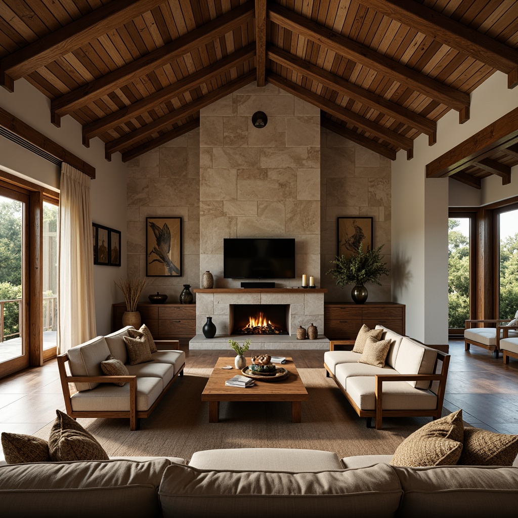 Prompt: Rustic luxury villa, natural stone walls, reclaimed wood accents, earthy color palette, distressed textures, wooden beam ceilings, vintage metal fixtures, candlelit ambiance, cozy fireplaces, plush furnishings, woven textiles, soft warm lighting, shallow depth of field, 1/1 composition, realistic wood grain, ambient occlusion.