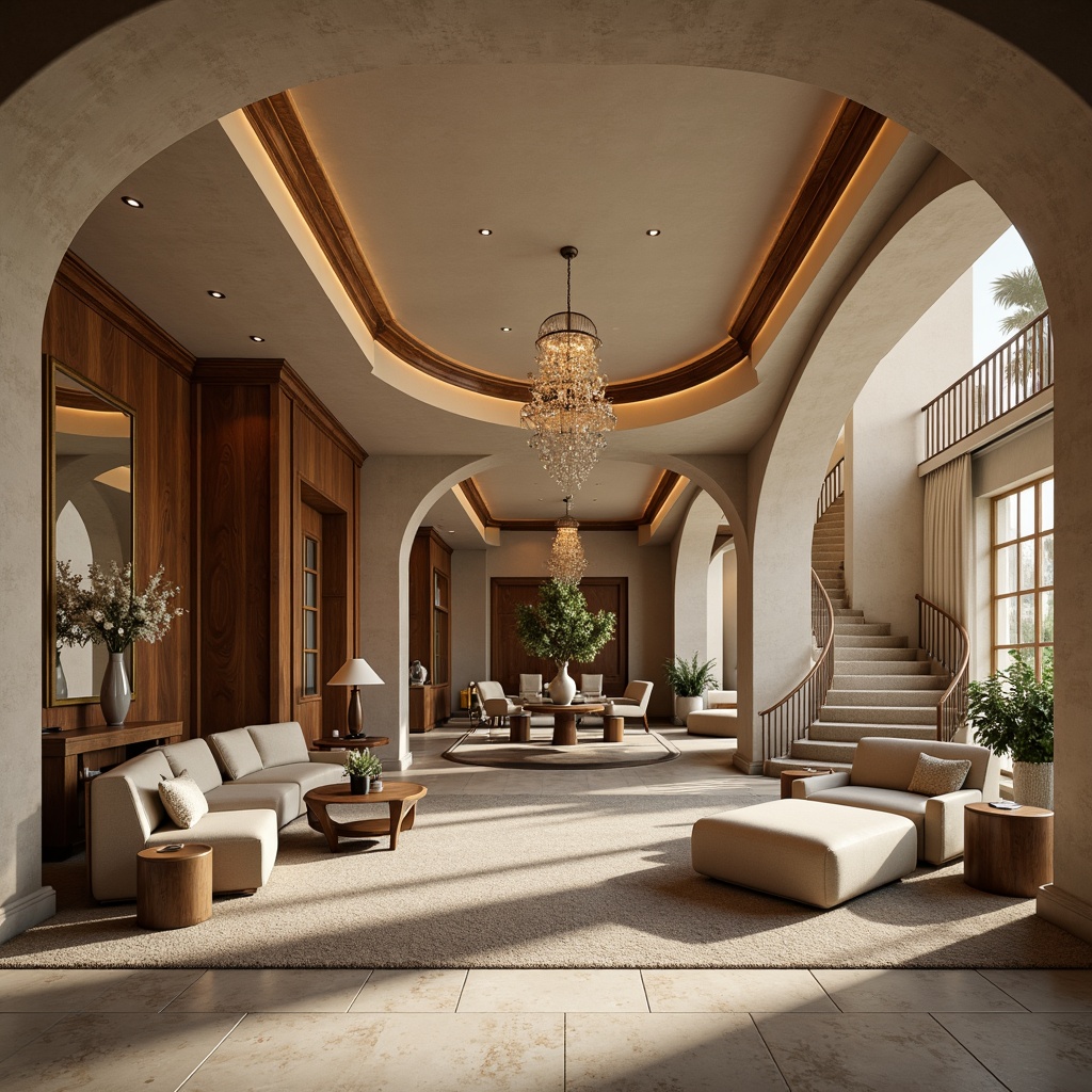 Prompt: Elegant luxury villa, sweeping curved lines, ornate archways, grand staircase, plush carpeting, rich wood paneling, sophisticated chandeliers, lavish furnishings, soft warm lighting, shallow depth of field, 1/1 composition, intimate atmosphere, velvety texture, ambient occlusion, rounded furniture shapes, flowing drapery, gentle color palette, creamy whites, beiges, and taupes.