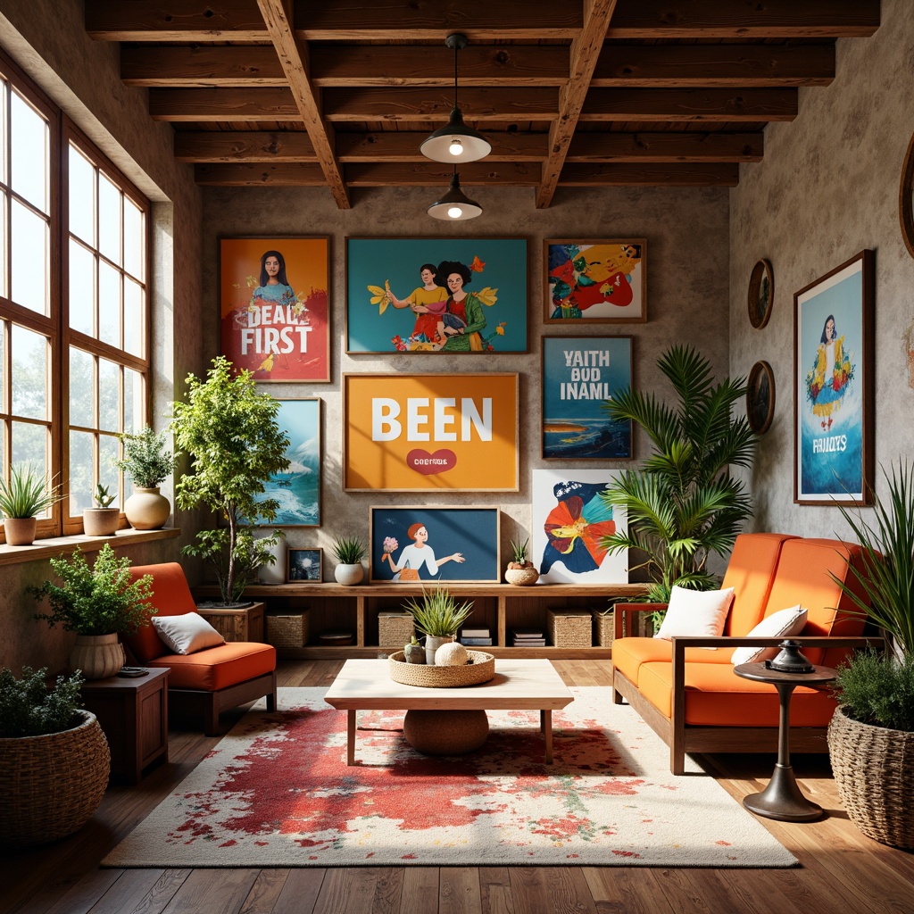 Prompt: Vibrant art studio, eclectic furniture, rich wood tones, bold brushstrokes, abstract artwork, colorful canvases, inspiring quotes, natural textiles, woven baskets, earthy ceramics, rustic wooden floors, large windows, soft warm lighting, 3/4 composition, realistic textures, ambient occlusion.