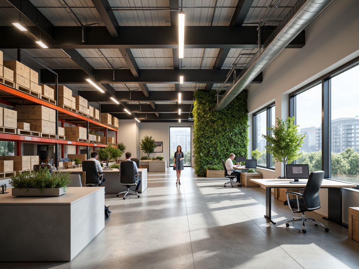 Prompt: Minimalist distribution center, open space concept, industrial chic aesthetic, polished concrete floors, exposed ductwork, neutral color palette, sleek metal shelving, modern LED lighting, functional workstations, ergonomic chairs, collaborative meeting areas, green walls, living plants, natural stone accents, large windows, abundant daylight, subtle textures, 1/1 composition, softbox lighting, realistic renderings.