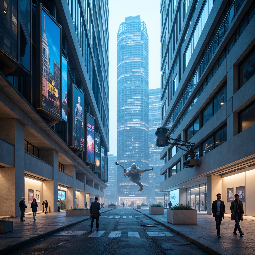 Prompt: Neon-lit futuristic cityscape, sleek skyscrapers, curved metallic surfaces, holographic advertisements, retro-futuristic robots, levitating vehicles, cyberpunk alleys, virtual reality interfaces, minimalist white spaces, geometric patterns, atmospheric mist, soft blue lighting, shallow depth of field, 2.35