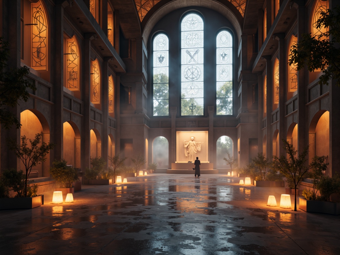 Prompt: Ethereal monastery interior, soft warm luminescence, futuristic minimalism, sleek metallic accents, ambient LED lighting, glowing lanterns, sacred symbols, intricate stone carvings, high ceilings, grand archways, stained glass windows, mystical ambiance, eerie silence, subtle color palette, matte finishes, holographic projections, immersive experiences, 3D visual effects, atmospheric fog, dramatic spotlights, futuristic chandeliers, crystal clusters, ambient occlusion, cinematic composition.