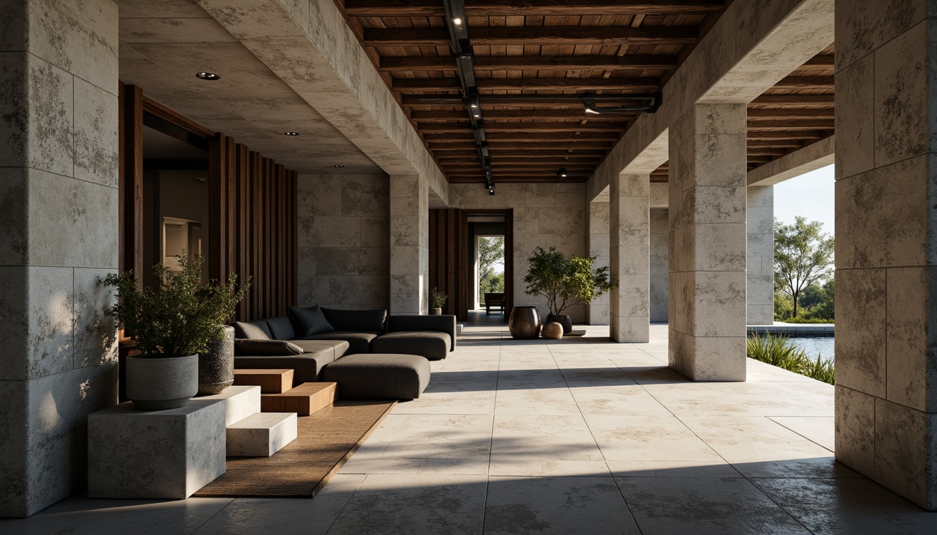 Prompt: Rugged villa, brutalist architecture, rough-hewn stone walls, weathered wood accents, raw concrete textures, geometric forms, minimalist decor, industrial-style lighting, metal beams, exposed ductwork, monochromatic color scheme, dramatic shadows, high-contrast lighting, cinematic composition, low-angle shots, gritty realistic render.