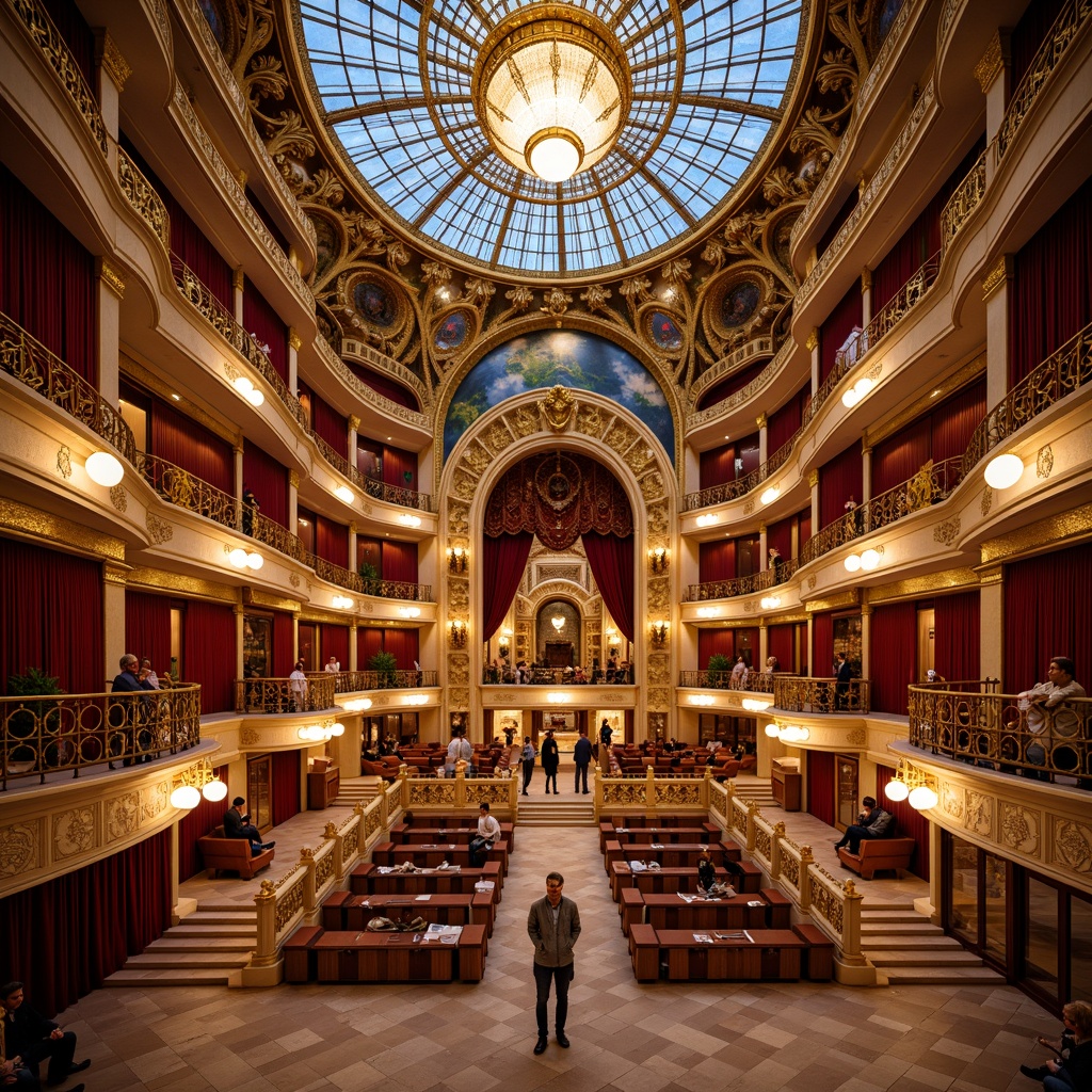 Prompt: Grand opera house, ornate golden details, flowing curvilinear lines, intricate organic patterns, lavish decorations, rich velvet curtains, grand chandeliers, opulent balconies, sweeping staircases, elegant marble floors, ornamental metalwork, stained glass ceilings, vibrant colored mosaics, dramatic spotlights, warm golden lighting, shallow depth of field, 1/1 composition, symmetrical view, realistic textures, ambient occlusion.