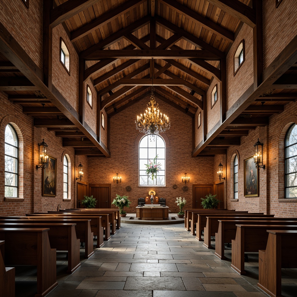 Prompt: Rustic church interior, open floor plan, reclaimed wooden beams, exposed brick walls, natural stone flooring, wooden pews, stained glass windows, vaulted ceiling, grand chandelier, warm candlelight, soft ambient lighting, 1/1 composition, shallow depth of field, realistic textures, atmospheric rendering.