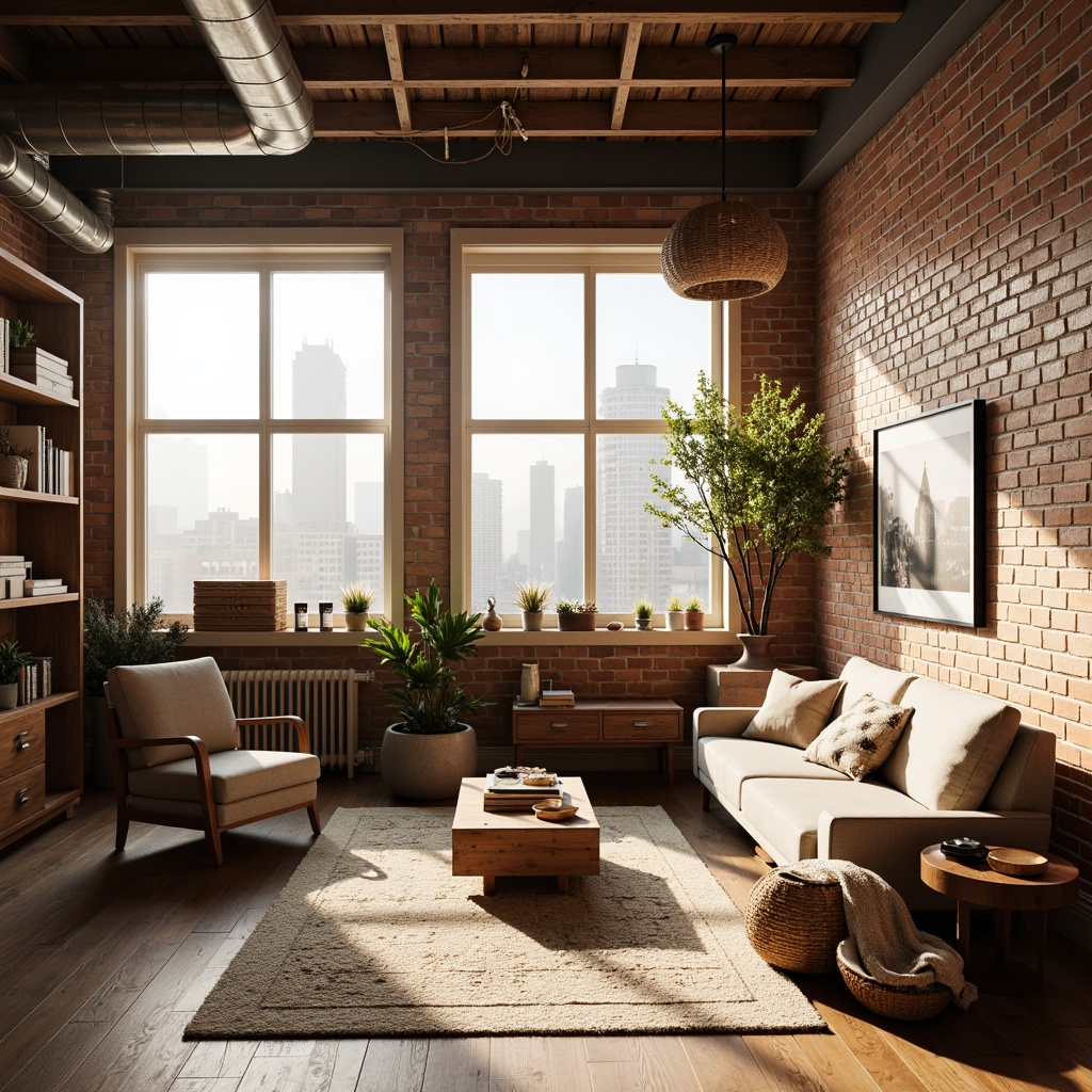 Prompt: Cozy loft interior, wooden flooring, plush area rug, comfortable seating, soft cushions, warm lighting, industrial brick walls, exposed ductwork, urban chic decor, vintage furniture, reclaimed wood accents, natural fiber textiles, woven baskets, earthy color palette, soft pastel hues, warm beige tones, inviting atmosphere, relaxed ambiance, dramatic ceiling height, large windows, cityscape views, morning sunlight, gentle shadows, 1/2 composition, atmospheric perspective.