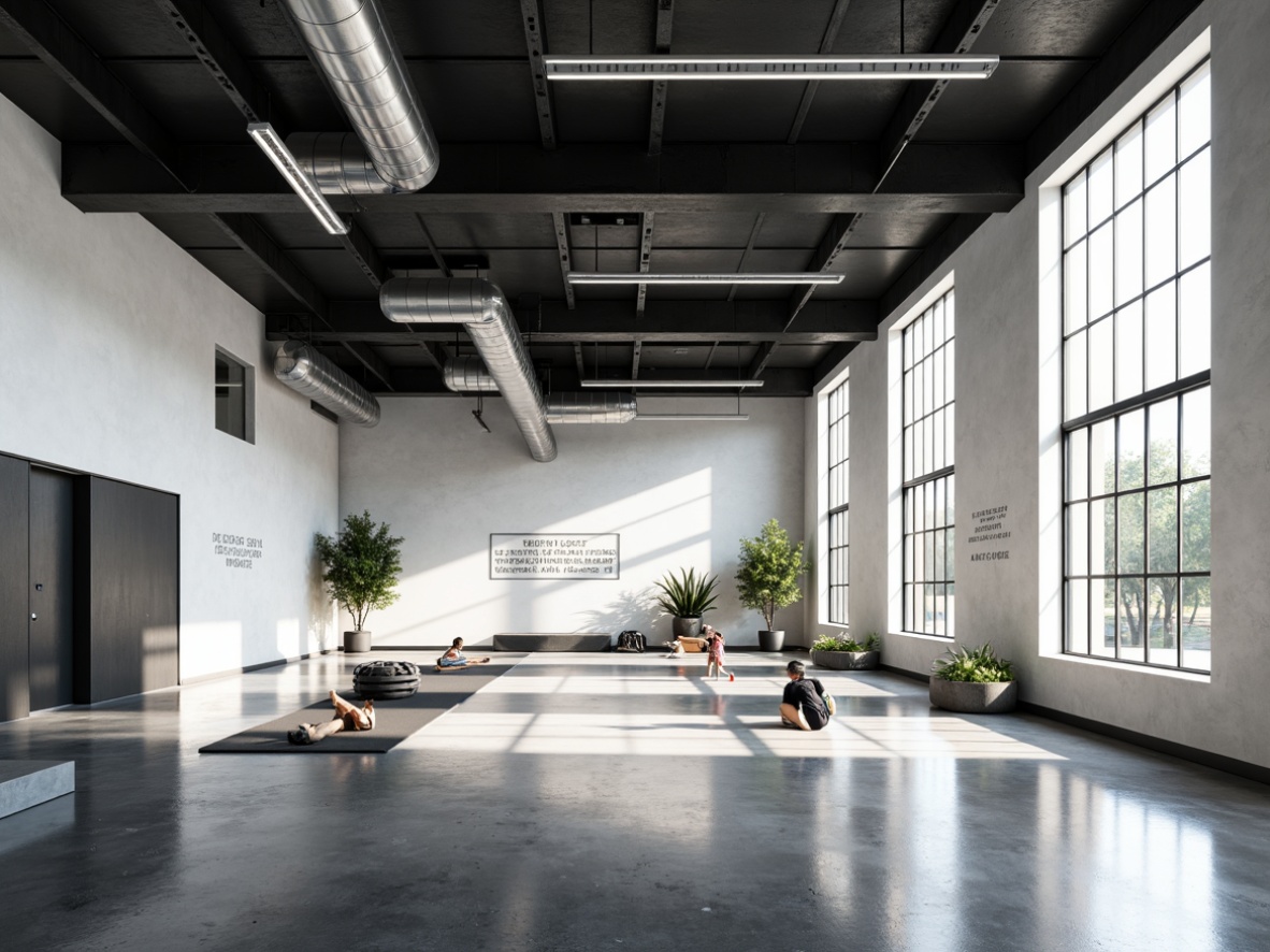 Prompt: Minimalist gymnasium interior, clean lines, monochromatic color scheme, polished concrete floors, exposed ductwork, industrial-chic lighting fixtures, floor-to-ceiling windows, natural light pouring in, modern athletic equipment, sleek steel beams, minimalist seating areas, sparse greenery, motivational quotes on walls, urban loft-inspired atmosphere, high ceilings, open spaces, 1/1 composition, softbox lighting, realistic reflections.