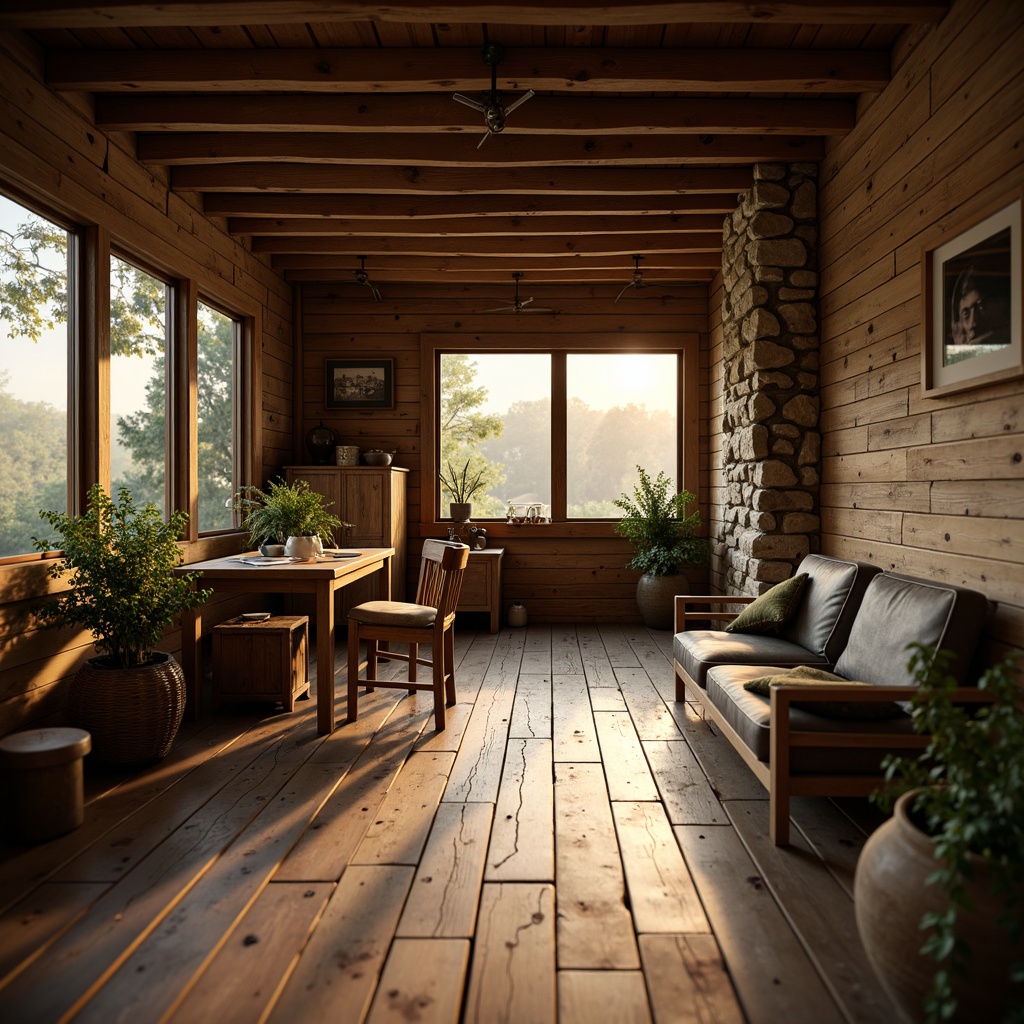 Prompt: Rustic wooden cabin, distressed wood planks, earthy tones, natural textures, reclaimed barnwood floors, vintage-inspired decor, cozy ambiance, warm golden lighting, soft shadows, 3/4 composition, shallow depth of field, realistic wood grain details.