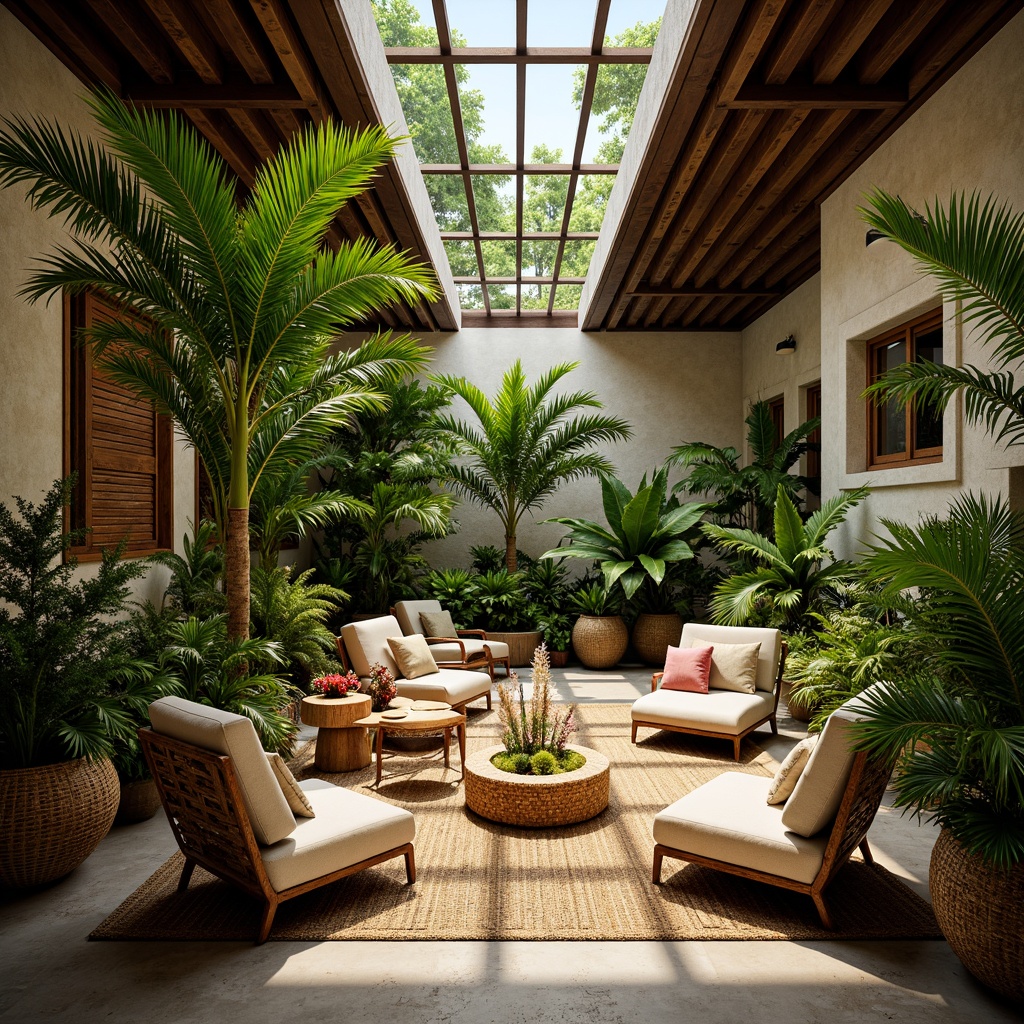 Prompt: Vibrant tropical interior, lush greenery, exotic flowers, palm trees, wicker furniture, rattan decorations, natural textiles, earthy color palette, wooden accents, stone walls, water features, misting systems, warm soft lighting, shallow depth of field, 1/1 composition, realistic textures, ambient occlusion.