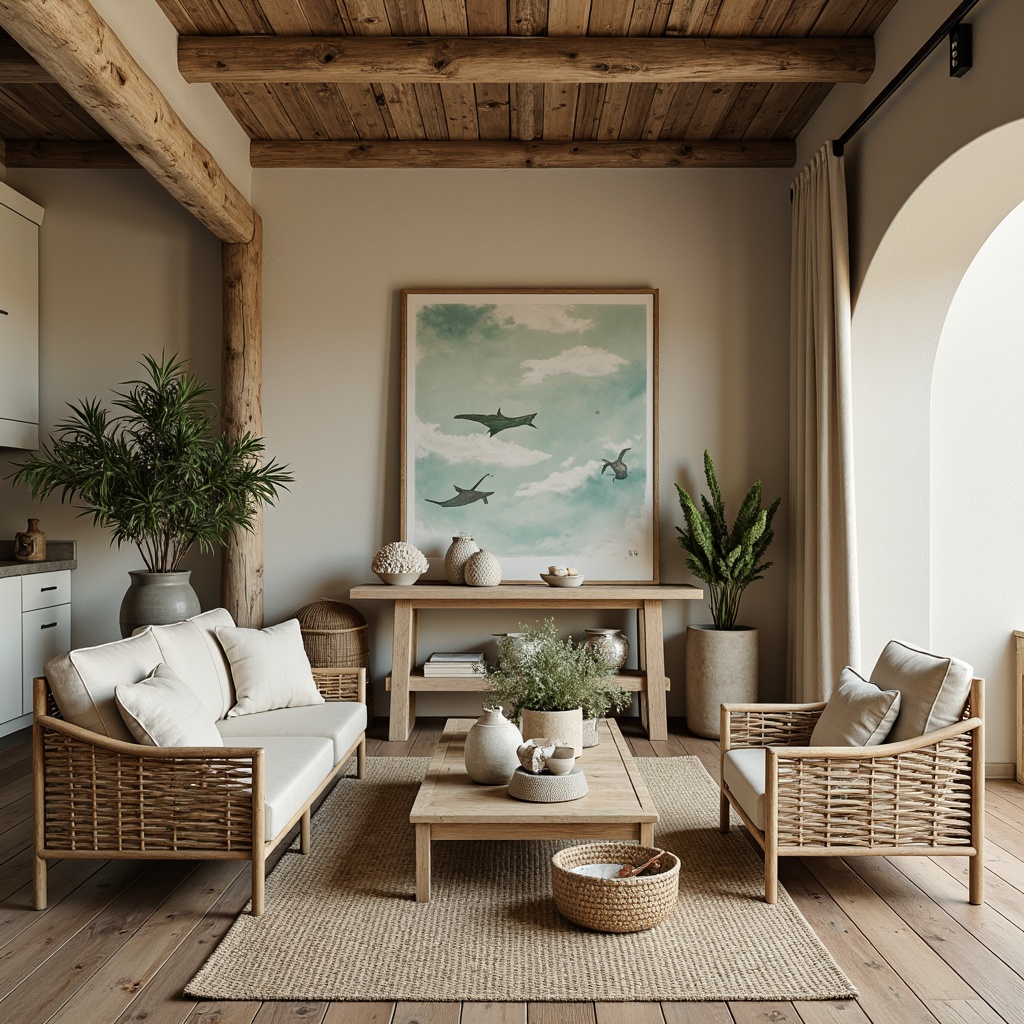 Prompt: Driftwood accents, sea-weathered planks, ocean-inspired color palette, soft blue hues, calming green tones, natural linen fabrics, woven rattan furniture, reclaimed wood flooring, distressed wooden beams, coral-patterned ceramics, shell-adorned decorative accents, sandy beige walls, coastal-themed artwork, vintage nautical elements, warm golden lighting, shallow depth of field, 1/1 composition, rustic textures, ambient occlusion.