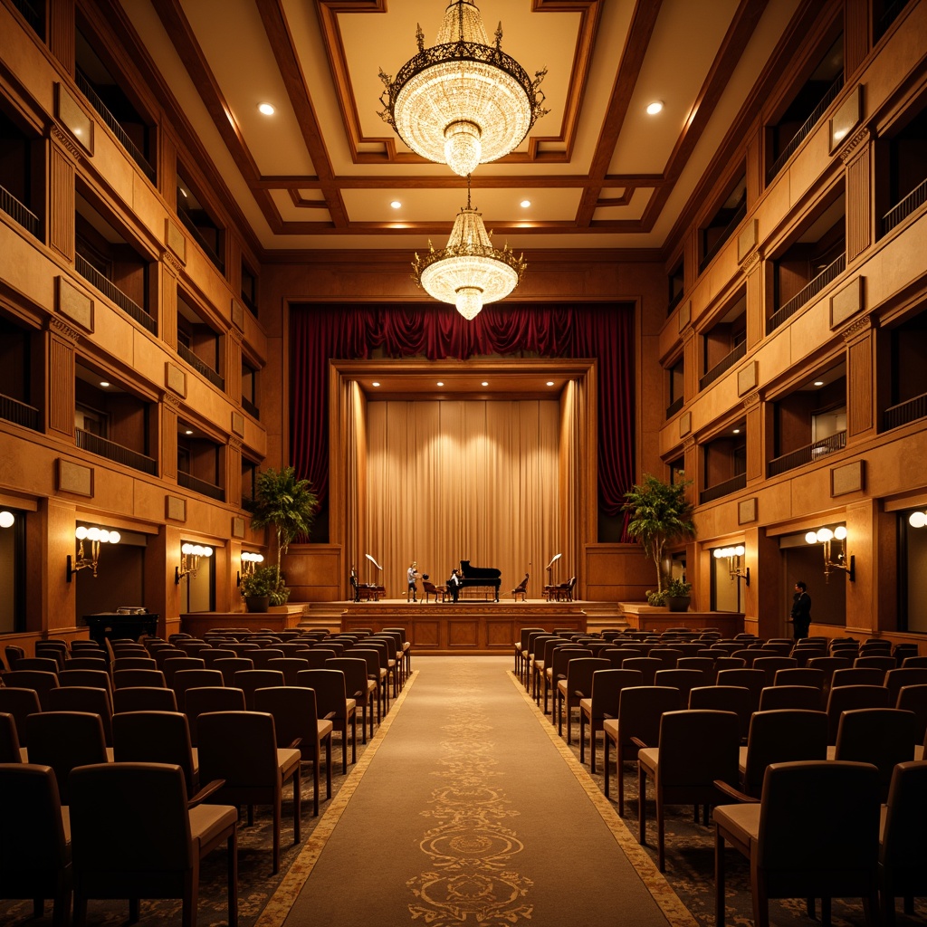 Prompt: Elegant concert hall, rich wood tones, warm golden lighting, ornate chandeliers, velvet curtains, comfortable seating, acoustic panels, soundproofing materials, grand piano, professional audio equipment, intimate performance space, dramatic spotlights, soft warm glow, high ceilings, ornate moldings, classical architecture, refined atmosphere, sophisticated decor, subtle color palette, warm beige tones, 1/2 composition, shallow depth of field, realistic textures, ambient occlusion.