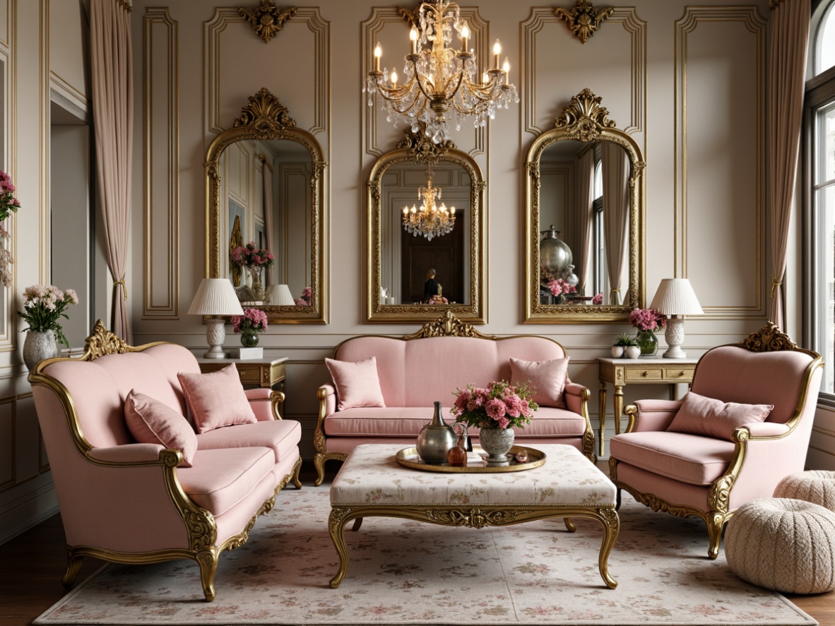 Prompt: Ornate furniture pieces, curved silhouettes, intricately carved wooden frames, gilded accents, luxurious velvet upholstery, ornamental mirrors, crystal chandeliers, whimsical shell-shaped decorations, soft pastel colors, delicate florals, lace patterns, cabriole legs, tufted ottomans, grandiose proportions, opulent drapery, golden hardware, distressed finishes, lavish ornamentation, 1/1 composition, dramatic lighting, warm color palette, shallow depth of field.