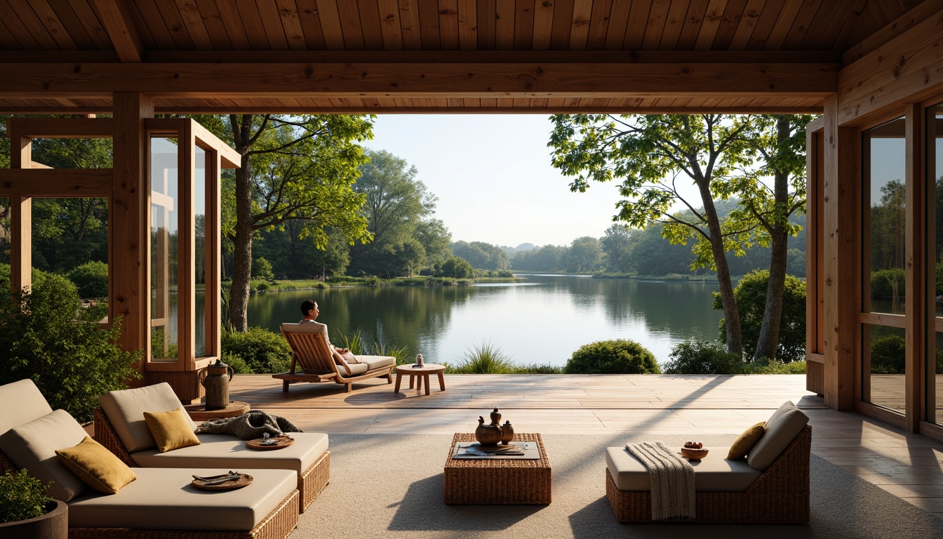 Prompt: Serenely calm lake, surrounding lush greenery, wooden boathouse, Asian-inspired interiors, natural materials, rustic wood accents, sliding glass doors, minimal ornamentation, earthy color palette, soft warm lighting, shallow depth of field, 3/4 composition, panoramic view, realistic textures, ambient occlusion, cozy seating areas, plush cushions, woven bamboo furniture, handcrafted wooden decorations, subtle aromas, peaceful ambiance.