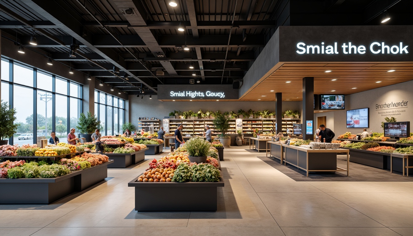 Prompt: Minimalist grocery store interior, modern streamline style, sleek signage, LED lighting, metallic shelves, polished concrete floors, industrial chic decor, urban loft atmosphere, neutral color palette, clean lines, geometric shapes, subtle branding, digital displays, interactive kiosks, floor-to-ceiling windows, natural light, airy open space, 1/1 composition, shallow depth of field, soft warm lighting.