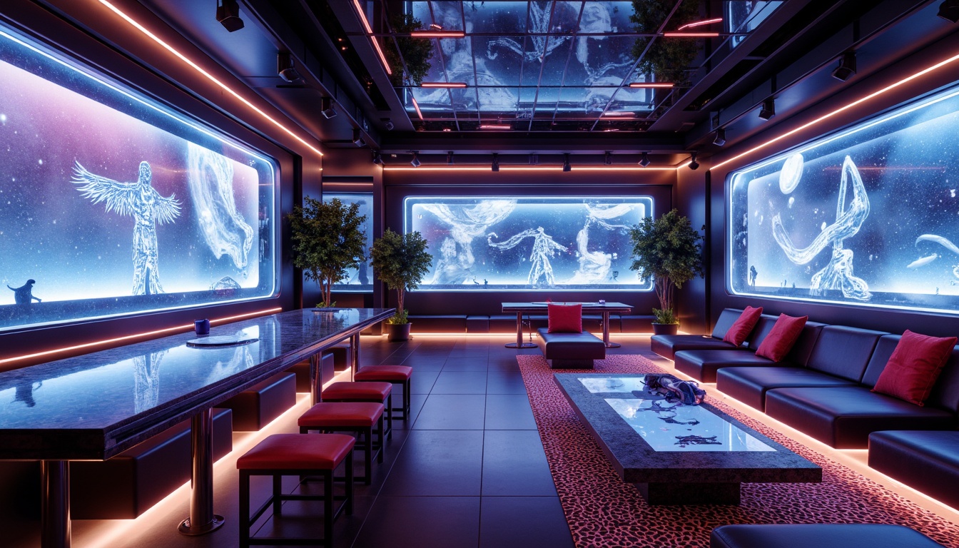 Prompt: Futuristic interior, neon-lit ambiance, glossy metallic surfaces, iridescent acrylic panels, holographic displays, ambient LED lighting, translucent glass tables, aerodynamic chairs, carbon fiber accents, 3D-printed decorative elements, minimalist color scheme, high-gloss finishes, reflective chrome trim, sleek leather upholstery, geometric patterned rugs, virtual reality integration, augmented reality visuals, immersive sound systems, soft warm glow, shallow depth of field, panoramic view, realistic textures, ambient occlusion.