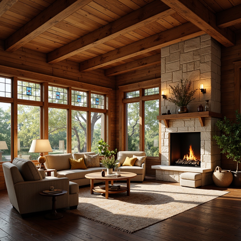 Prompt: Cozy craftsman interior, warm wood tones, large windows, stained glass doors, natural stone fireplaces, earthy color palette, woven textiles, vintage decor, rustic wooden beams, exposed brick walls, soft warm lighting, shallow depth of field, 1/1 composition, realistic textures, ambient occlusion.