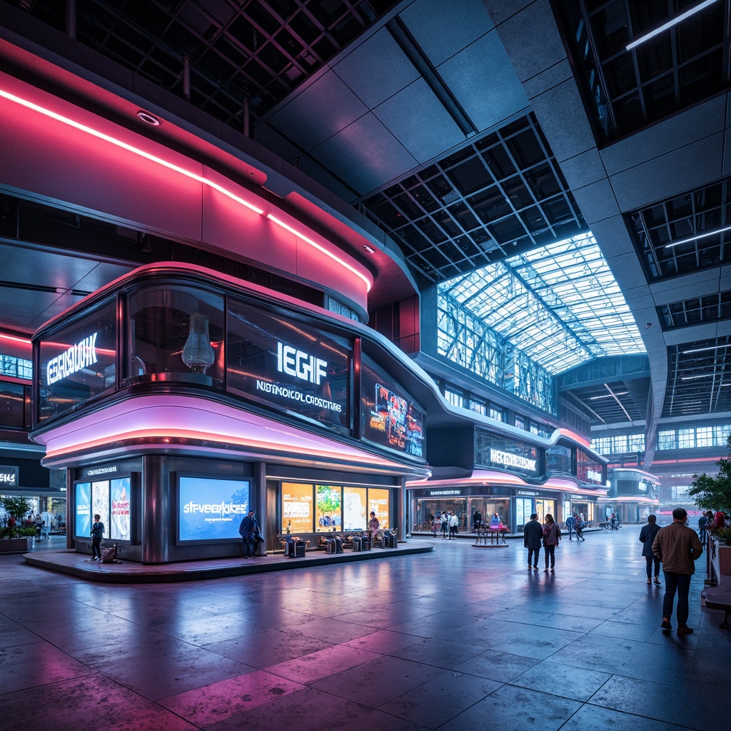 Prompt: Futuristic bus station, neon-lit canopy, gleaming metallic surfaces, LED light strips, holographic advertisements, towering ceilings, grandiose architecture, sleek lines, angular shapes, vibrant color schemes, radiant floor lighting, soft ambient glow, 3/4 composition, low-angle shot, cinematic mood, realistic reflections, futuristic font displays, digital information boards, interactive kiosks, transparent glass walls, minimalist seating areas, automated ticketing systems, high-tech surveillance cameras, misty atmospheric effects.