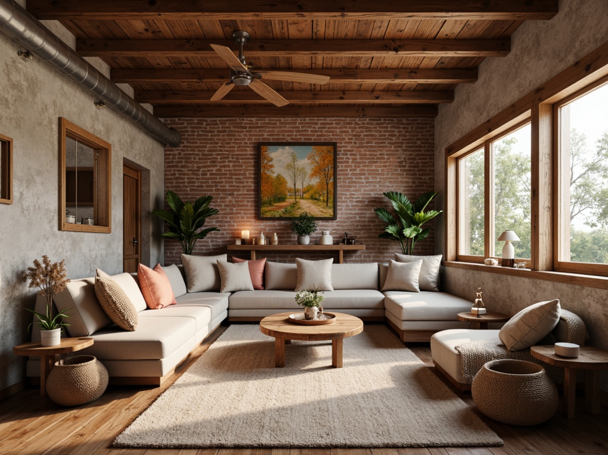 Prompt: Rustic wooden planks, natural stone walls, vintage brick textures, earthy color palette, warm ambient lighting, soft candle glow, distressed finishes, rough-hewn wood beams, exposed ductwork, cozy nooks, plush area rugs, farmhouse-chic decor, natural linen fabrics, woven baskets, galvanized metal accents, organic patterns, nature-inspired artwork, inviting window seats, comfortable reading corners, relaxing atmosphere, warm beige tones, soft peach hues.