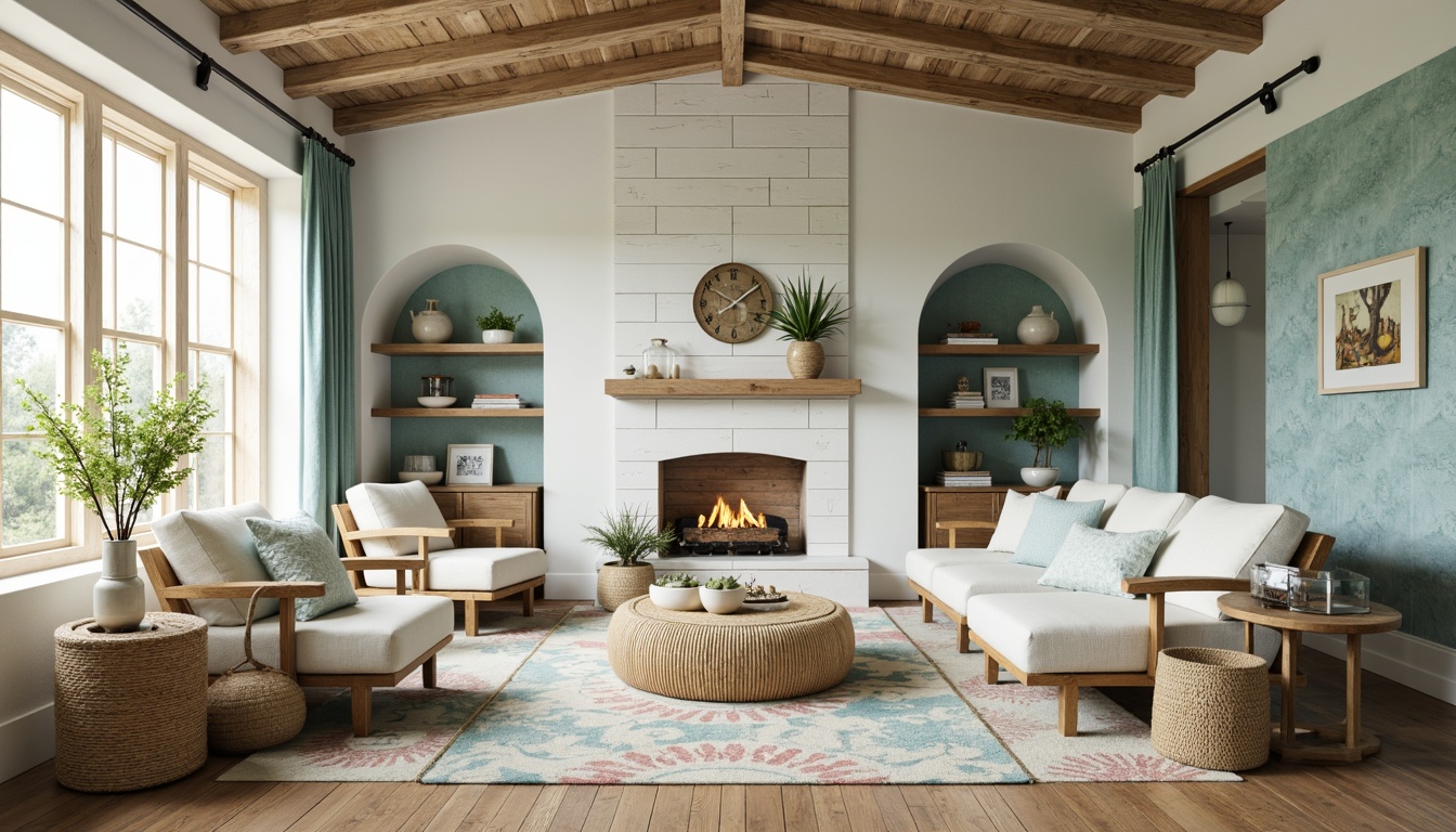 Prompt: Coastal-themed living room, soft calming colors, ocean-inspired wallpaper, textured shiplap, driftwood accents, natural fiber rugs, woven sea grass furniture, coral reef patterns, light blue-green hues, beachy vibe, rustic wooden shelves, distressed finishes, weathered metal decor, ocean breeze ambiance, warm golden lighting, shallow depth of field, 3/4 composition, realistic textures.