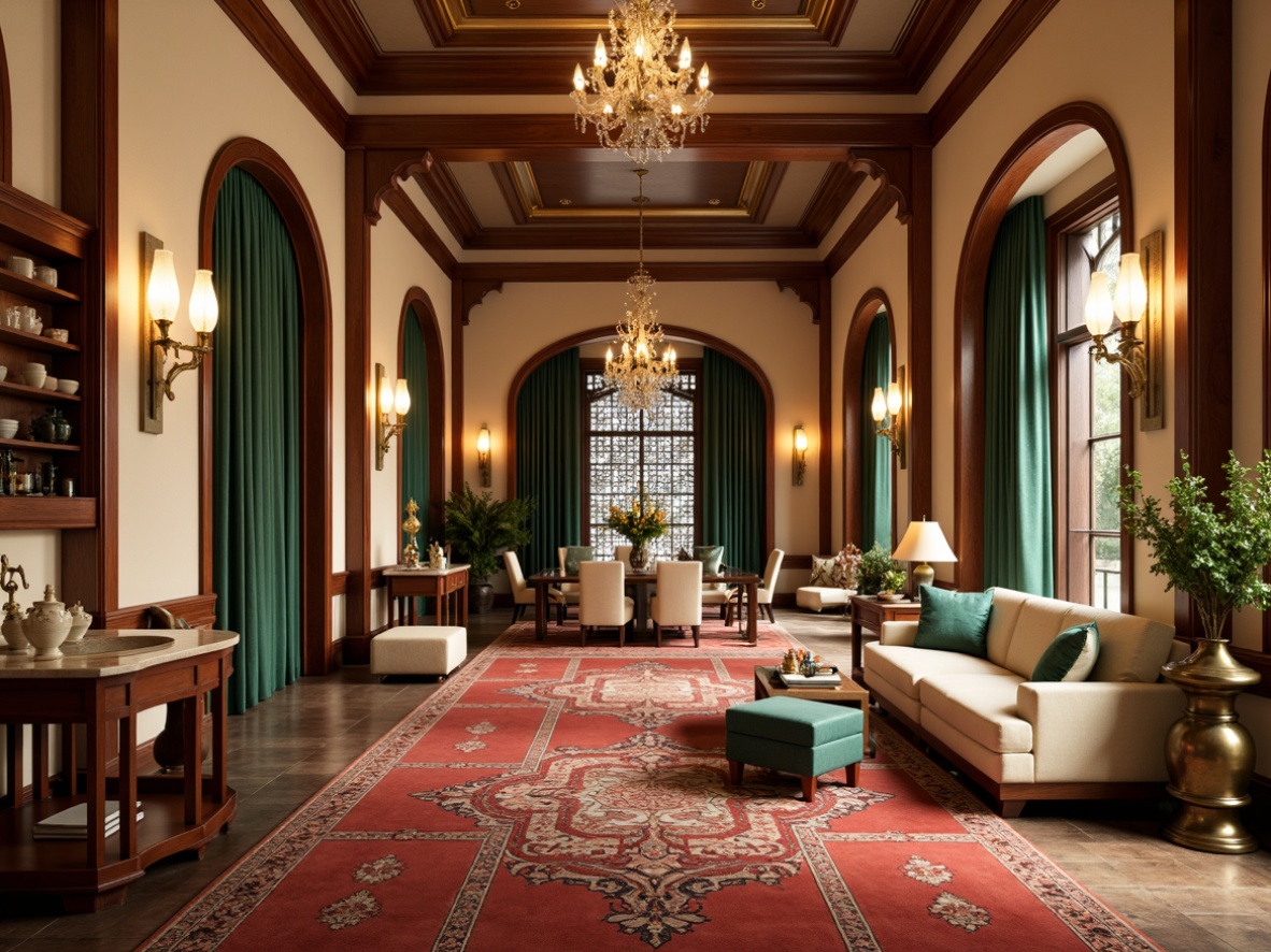 Prompt: Rich wood accents, warm beige walls, soft golden lighting, plush crimson carpets, intricately patterned rugs, ornate brass fixtures, luxurious velvet upholstery, subtle cream marble countertops, earthy terracotta pottery, vibrant turquoise ceramic tiles, majestic crystal chandeliers, regal emerald green drapery, sophisticated neutral-toned furniture, elegant archways, refined lattice screens, warm ambient glow, 1/1 composition, shallow depth of field.