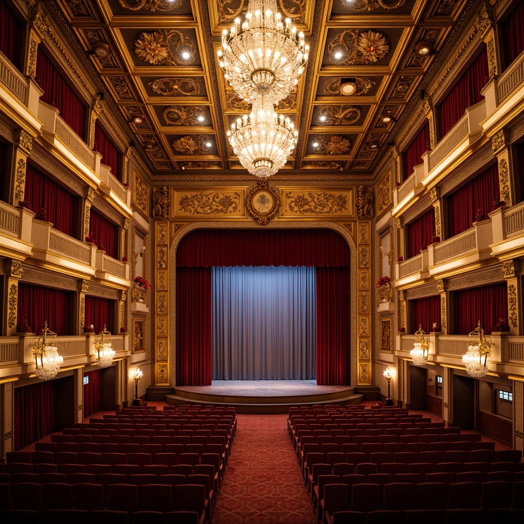 Prompt: Luxurious auditorium, ornate Renaissance architecture, grandiose chandeliers, velvet curtains, intricately carved wooden panels, golden accents, majestic stages, plush red seats, curved rows, symmetrical aisles, regal balconies, opulent drapery, soft warm lighting, dramatic spotlights, 1/2 composition, cinematic perspective, realistic reflections, ambient occlusion.