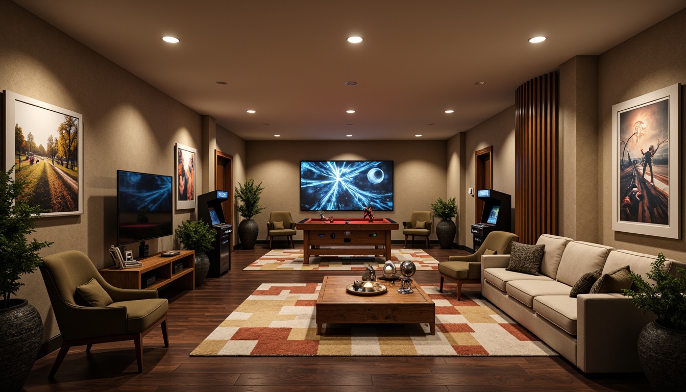 Prompt: Cozy game room, transitional style furniture, comfortable sofas, plush armchairs, rustic wooden coffee tables, vintage arcade machines, modern gaming consoles, sleek flat-screen TVs, abstract geometric rugs, warm beige walls, dark wood flooring, soft ambient lighting, 1/1 composition, shallow depth of field, realistic textures, natural shadows.