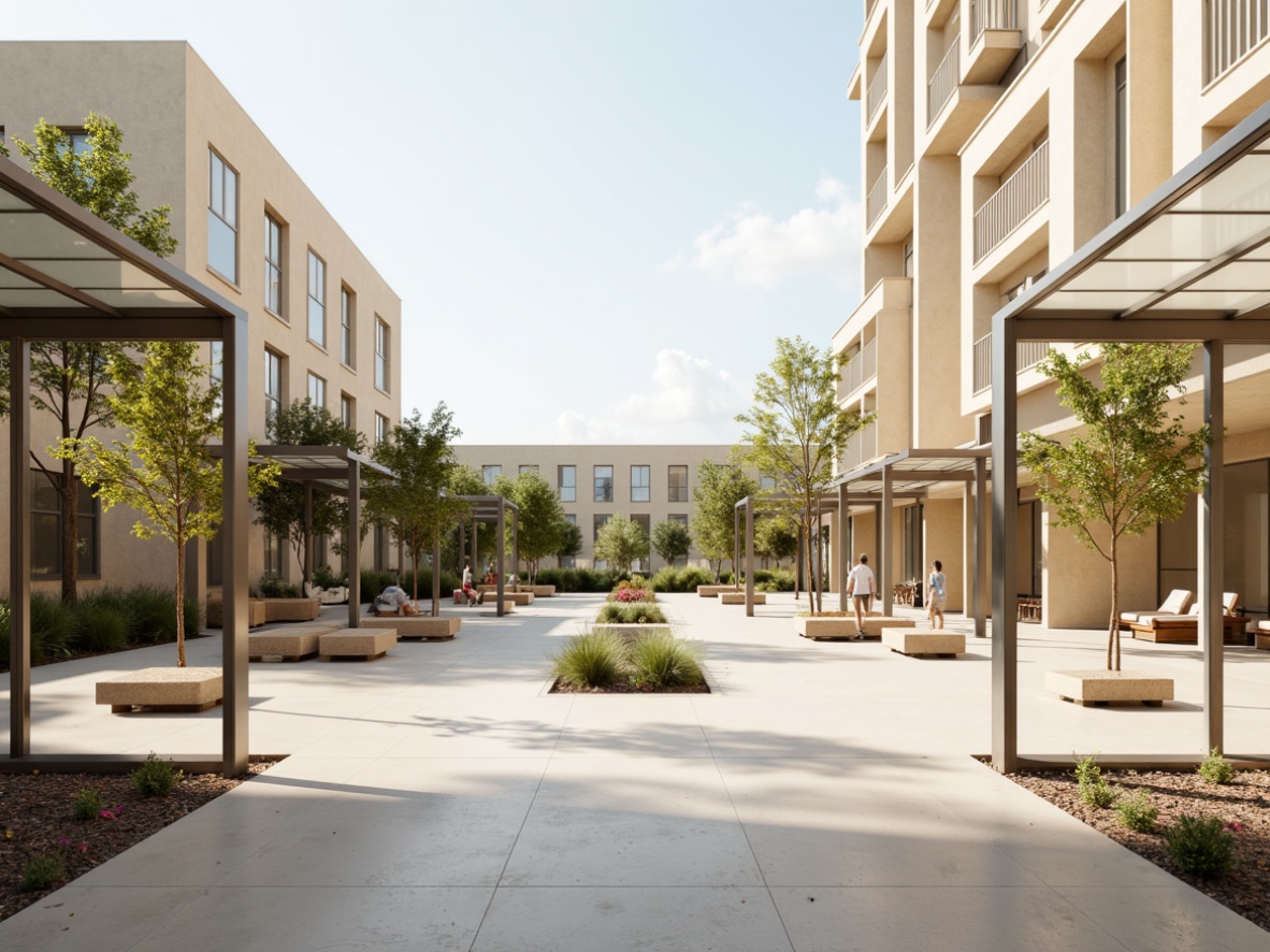 Prompt: Minimalist pavilion, open-air courtyard, sleek metal frames, transparent glass roofs, polished concrete floors, sparse greenery, modern benches, subtle lighting, warm beige tones, clean lines, simple shapes, airy atmosphere, abundant natural light, shallow depth of field, 1/1 composition, panoramic view, realistic textures, ambient occlusion.