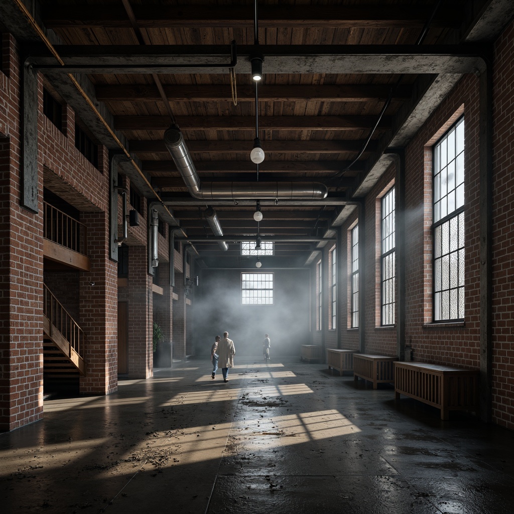 Prompt: Exposed brick walls, industrial metal beams, reclaimed wood accents, distressed concrete floors, vintage factory windows, metallic pipes, urban loft atmosphere, moody dim lighting, dramatic shadows, atmospheric fog, cinematic composition, high-contrast textures, gritty realistic rendering.