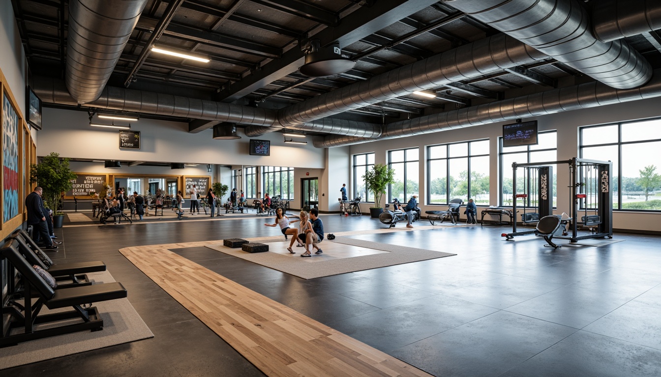 Prompt: Modern gymnasium, minimalist architecture, industrial chic style, exposed ductwork, polished concrete floors, steel beams, functional layout, open spaces, natural light, floor-to-ceiling windows, mirrored walls, wooden accents, state-of-the-art equipment, free weights area, cardio machines zone, yoga mats, punching bags, jump ropes, basketball court, volleyball net, athletic tracks, motivational quotes, urban atmosphere, high contrast lighting, shallow depth of field, 3/4 composition, realistic textures.