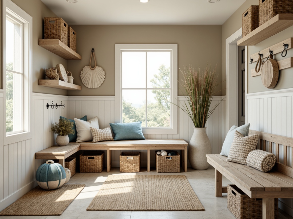 Prompt: Coastal mudroom, natural wood furniture, woven sea grass baskets, jute rugs, driftwood decor, ocean-inspired colors, calming blues and whites, weathered wood accents, nautical rope details, shell-shaped accessories, sandy beige walls, rustic metal hooks, functional storage benches, wicker storage bins, soft warm lighting, shallow depth of field, 1/1 composition, realistic textures, ambient occlusion.