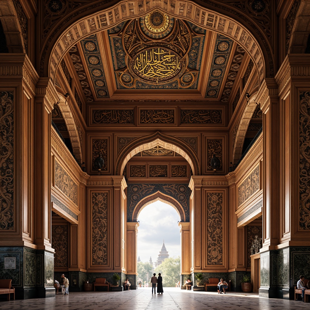 Prompt: Intricate wooden carvings, ornate tile work, grand archways, majestic domes, vibrant cultural patterns, traditional Islamic calligraphy, rich velvet fabrics, luxurious golden accents, warm soft lighting, shallow depth of field, 1/2 composition, symmetrical balance, classic columns, marble floors, intricate geometric motifs, ambient occlusion, realistic textures.