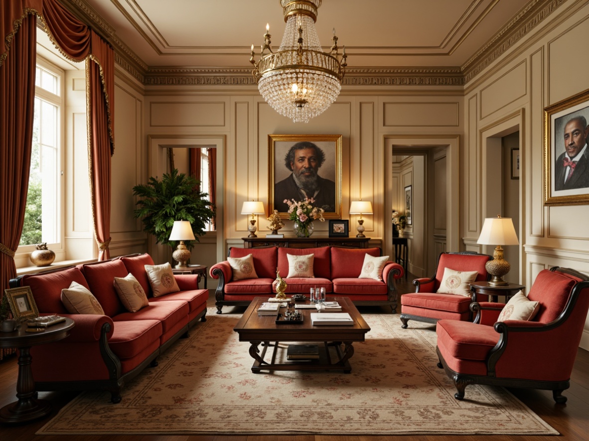 Prompt: Elegant family room, rich velvet sofas, ornate wooden armchairs, intricately carved coffee tables, luxurious silk drapes, crystal chandeliers, warm beige walls, soft golden lighting, refined neoclassical architecture, symmetrical compositions, subtle arches, decorative moldings, sophisticated color palette, plush area rugs, ornamental mirrors, lavish furnishings, opulent textiles, indulgent ambiance, inviting atmosphere, shallow depth of field, 1/1 composition, realistic renderings.