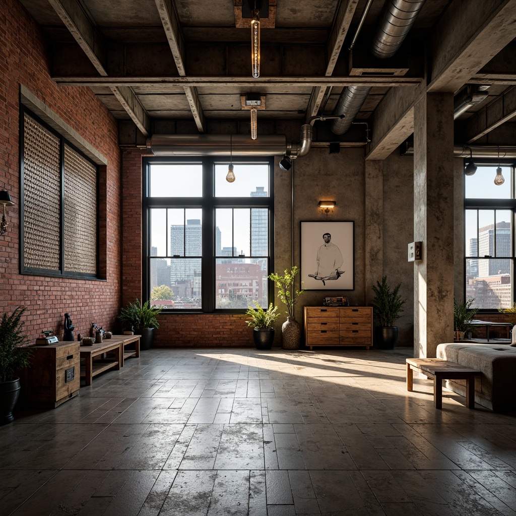 Prompt: Exposed brick walls, industrial metal beams, reclaimed wood flooring, vintage factory windows, distressed concrete columns, metal mesh panels, urban loft atmosphere, modern minimalist decor, functional industrial lighting, Edison bulbs, exposed ductwork, polished steel accents, rustic wooden crates, converted warehouse space, high ceilings, urban cityscape views, dramatic shadows, low-key ambient lighting, 3/4 composition, realistic textures.