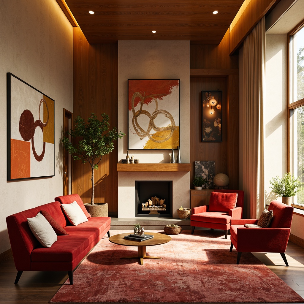 Prompt: Vibrant great room, rich wood accents, plush velvet furniture, warm beige walls, soft cream curtains, luxurious golden lighting, metallic bronze decor, bold geometric patterns, abstract artwork, modern minimalist vibe, shallow depth of field, 1/1 composition, natural daylight, ambient shadows, realistic textures.