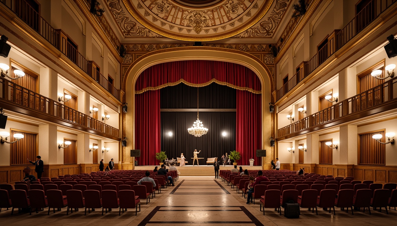 Prompt: \Elegant neoclassical performing arts center, ornate golden details, intricate moldings, grandiose high ceilings, luxurious velvet curtains, polished marble floors, symmetrical architecture, majestic columns, crystal chandeliers, acoustic panels, soundproofing materials, premium wood finishes, richly textured fabrics, intimate seating arrangements, warm soft lighting, shallow depth of field, 2/3 composition, realistic reflections, ambient occlusion.\