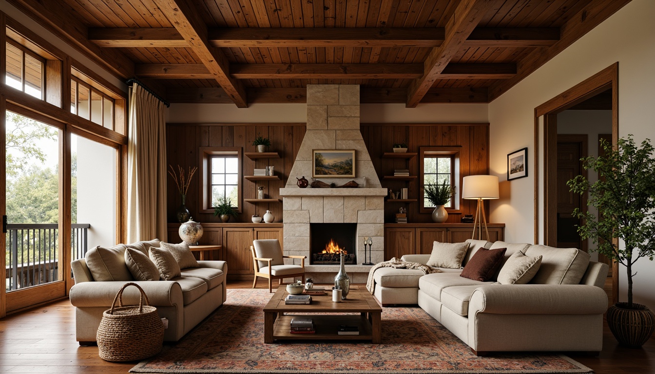 Prompt: Cozy living room, warm wood accents, rustic wooden beams, earthy color palette, natural textiles, vintage craftsman furniture, plush throw blankets, woven baskets, ceramic vases, wooden wall paneling, stone fireplace, soft candlelight, shallow depth of field, 1/1 composition, realistic textures, ambient occlusion.