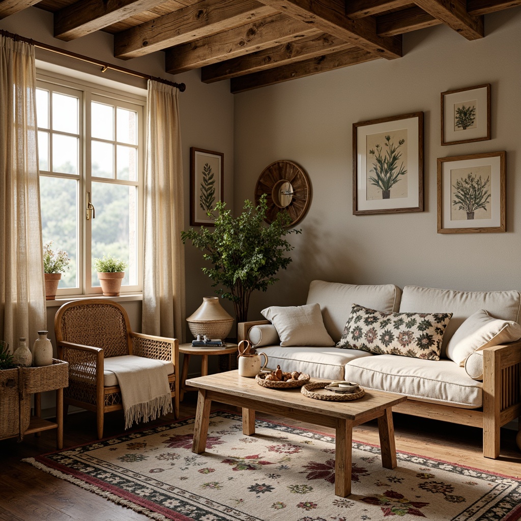 Prompt: Rustic farmhouse interior, vintage textiles, natural fabrics, woven baskets, linen upholstery, cotton lace, burlap drapes, distressed wood accents, earthy tones, warm beige colors, soft golden lighting, cozy atmosphere, plush throw blankets, geometric patterns, botanical prints, faded florals, traditional quilts, natural fiber rugs, wooden furniture, antique decor, classic country charm.