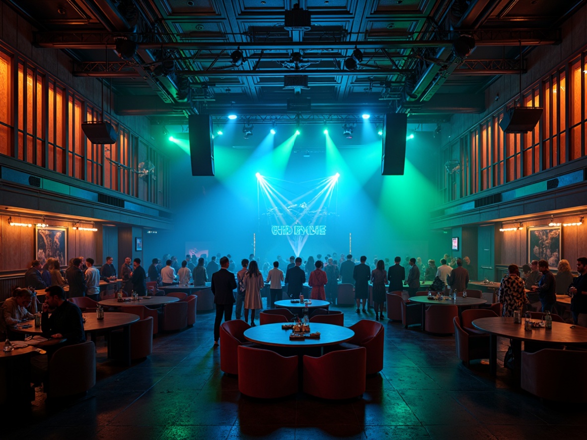 Prompt: Vibrant music venue, dynamic stage lighting, bold color scheme, electric blue accents, neon green highlights, warm golden tones, rich wood textures, luxurious velvet fabrics, sleek metal details, energetic atmosphere, lively crowd, pulsing rhythms, strobe lights, dramatic shadows, high-contrast colors, 3/4 composition, cinematic view, realistic reflections.