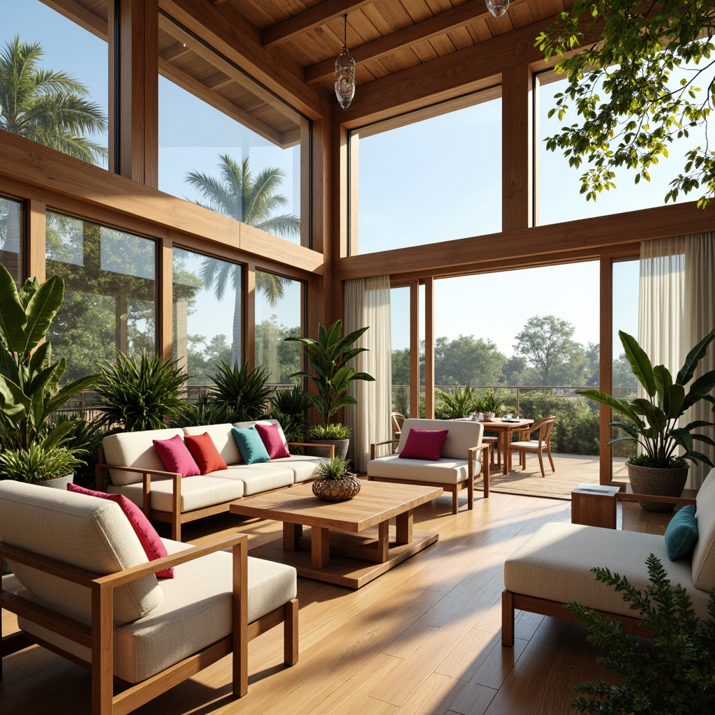 Prompt: Airy sunroom, floor-to-ceiling windows, sliding glass doors, natural light pouring in, warm wooden flooring, minimalist decor, potted greenery, comfortable seating areas, soft cushions, vibrant colorful throw pillows, modern coffee tables, elegant chandeliers, sheer curtains, tropical plants, sunny day, gentle breeze, shallow depth of field, 1/1 composition, panoramic view, realistic textures, ambient occlusion.