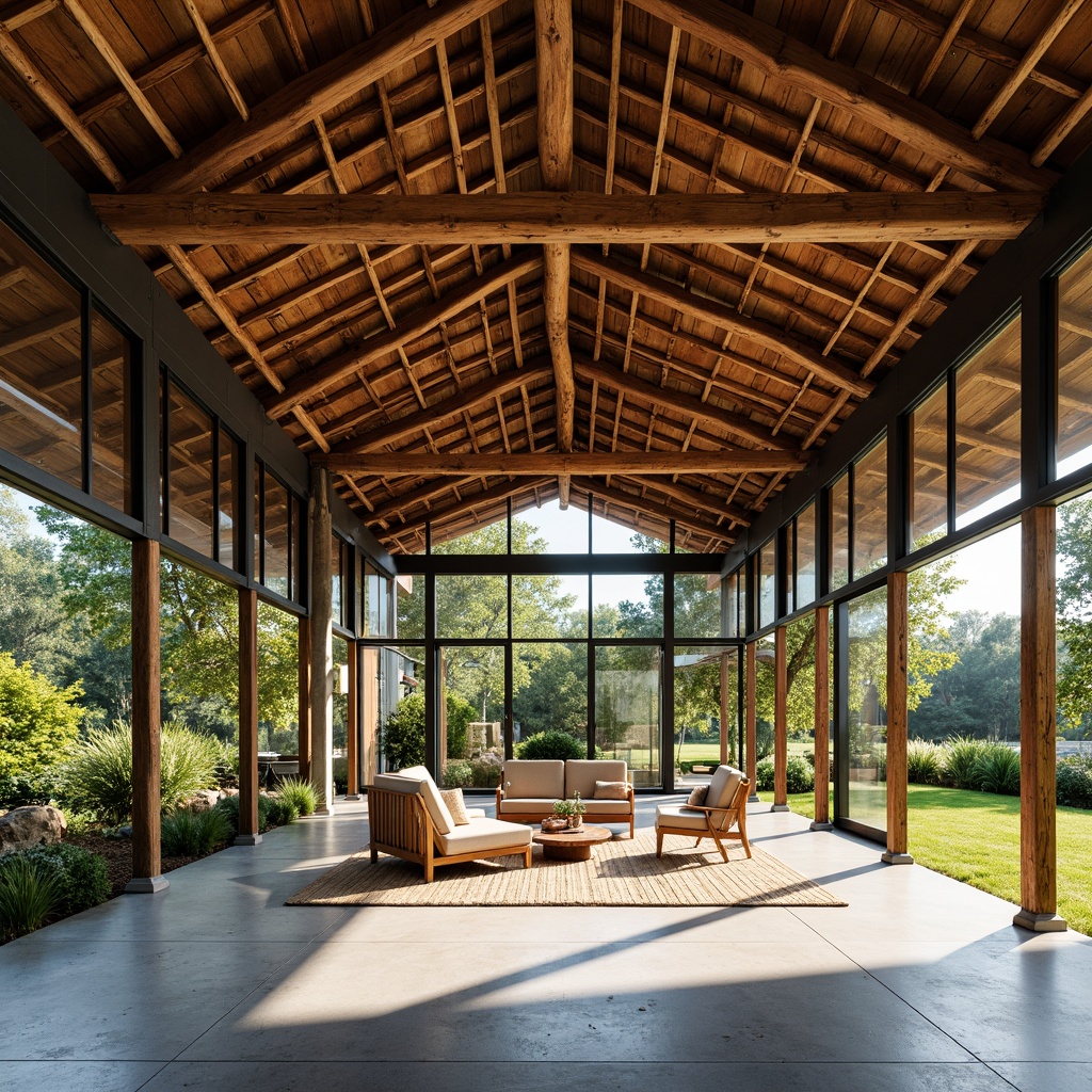 Prompt: Rustic pavilion, exposed wooden beams, industrial metal frames, polished concrete floors, reclaimed wood accents, modern minimalist decor, abundant natural light, floor-to-ceiling windows, sliding glass doors, lush greenery surroundings, scenic outdoor views, warm sunny day, soft diffused lighting, 1/1 composition, symmetrical architecture, distressed textures, subtle color palette.